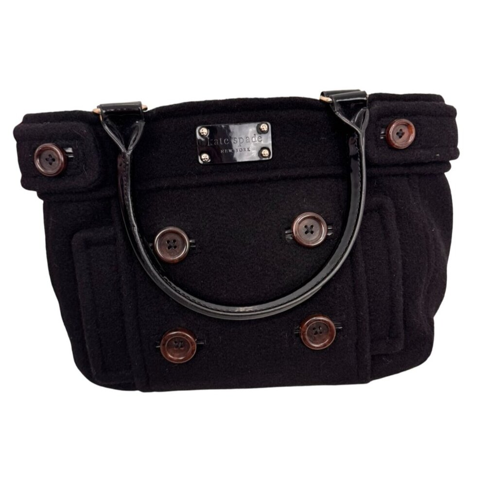 NWT Kate Spade Black Wool Button Tote Bag With Patent Leather Handles & Lined In